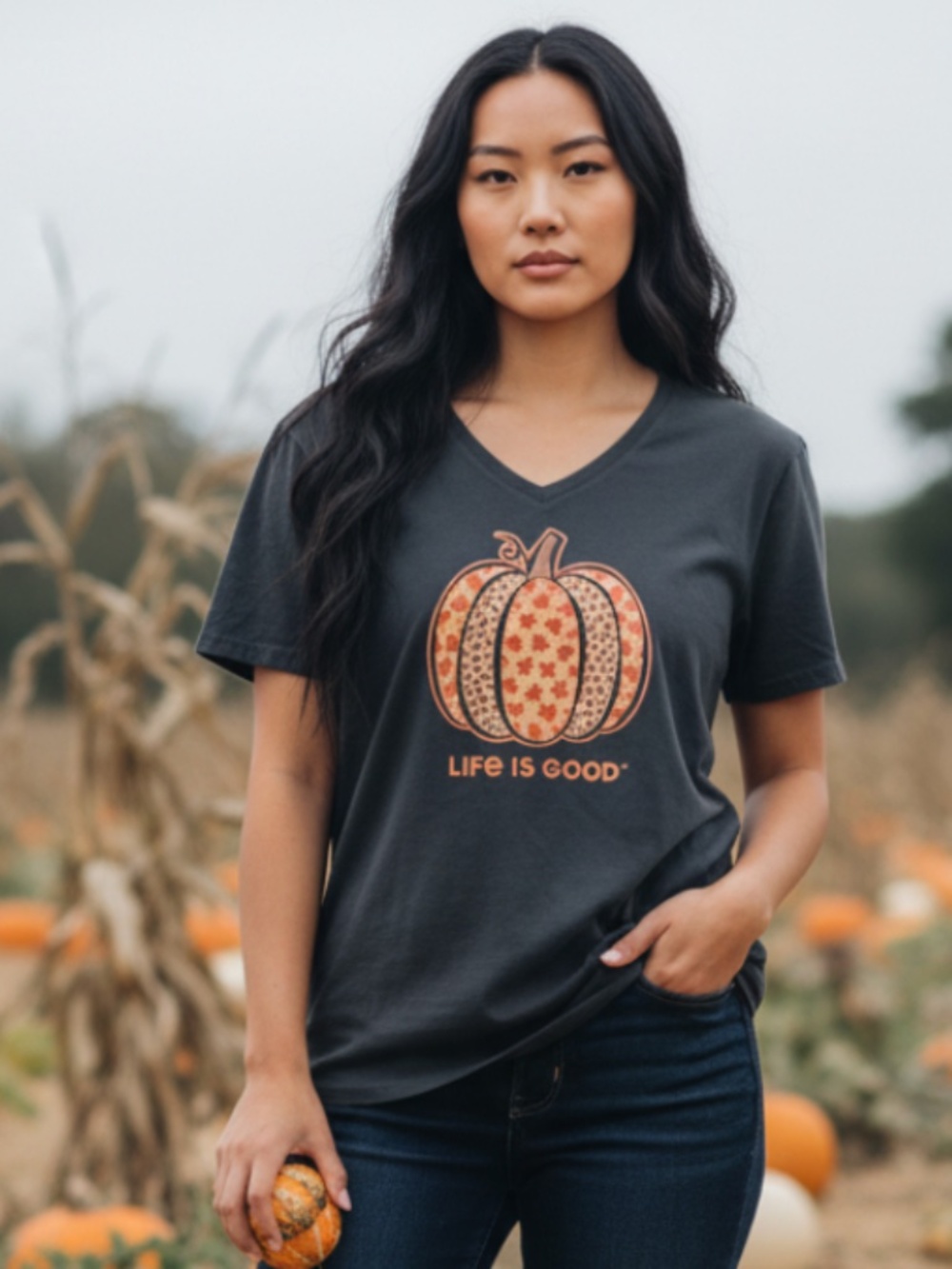 Life is Good Crusher T-Shirt Tee Top Sz XXL 2X 18 20 Pumpkin Fall Autumn Gray